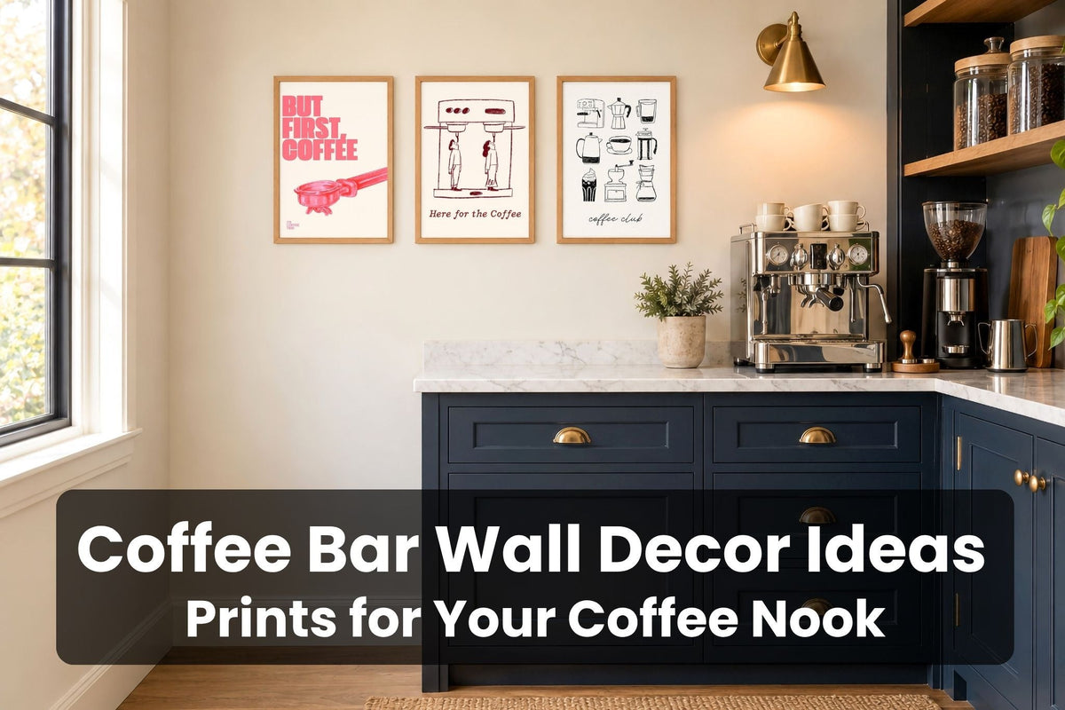 Coffee Bar Wall Decor Ideas: But First Coffee, Here for the Coffee and Coffee Club brewer grid prints in oak frames above a navy butler's pantry coffee bar with a chrome espresso machine