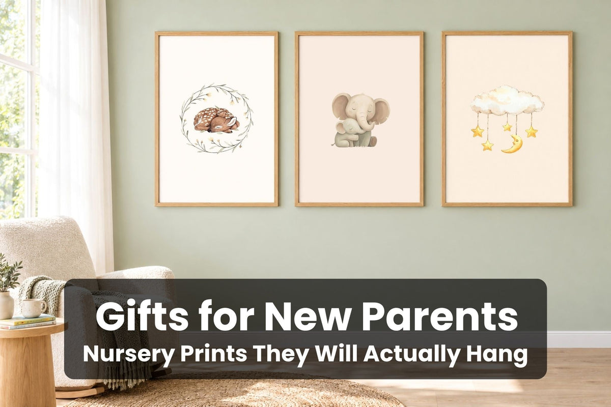Three nursery prints in oak frames on a sage green wall above a cream glider chair: Sleeping Fawn in a Leafy Wreath, Mother and Baby Elephant Hug and Cloud Mobile With Moon and Stars, with the title Gifts for New Parents