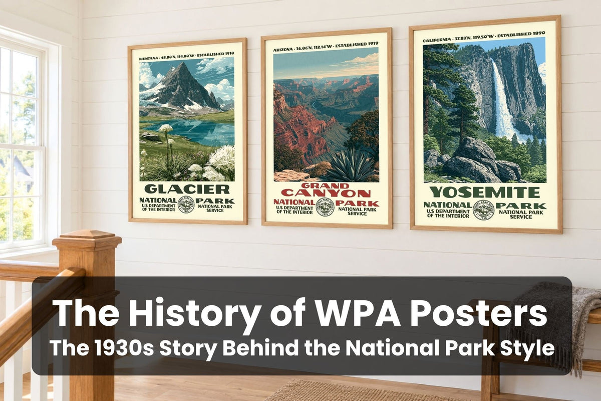 Three WPA-style national park posters in oak frames on a white shiplap staircase landing: Glacier beargrass meadow, Grand Canyon sunset rim and Yosemite Falls, with the title The History of WPA Posters