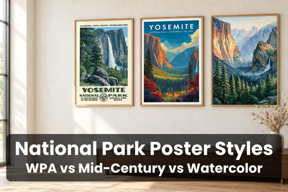 Yosemite National Park in three poster styles, WPA Style, Mid-Century Modern and Watercolor, in light oak frames on a sunlit wall above a walnut console
