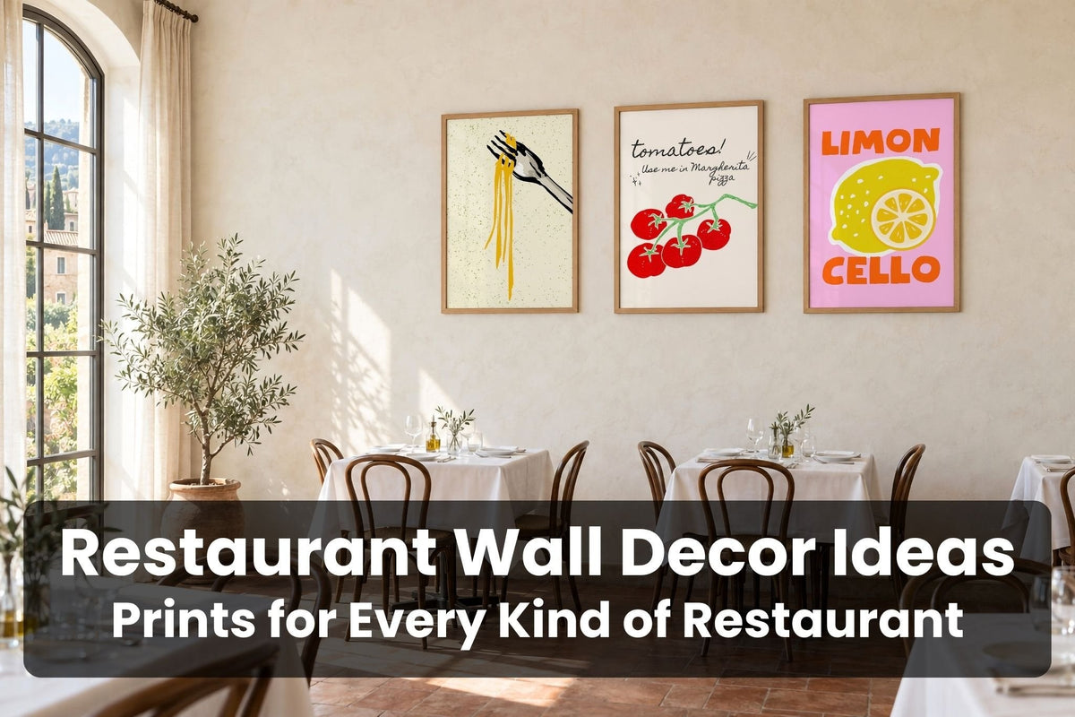 Restaurant wall decor ideas: Spaghetti Fork, Tomatoes on the Vine and Limoncello prints in oak frames above a sunlit trattoria dining room