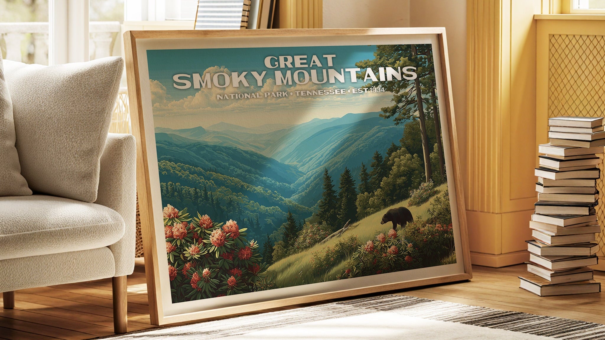 Framed poster of the Great Smoky Mountains in a living room setting.