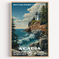 Acadia National Park vintage travel poster in a wood frame, Bass Harbor Head Light on the cliffs above a churning blue