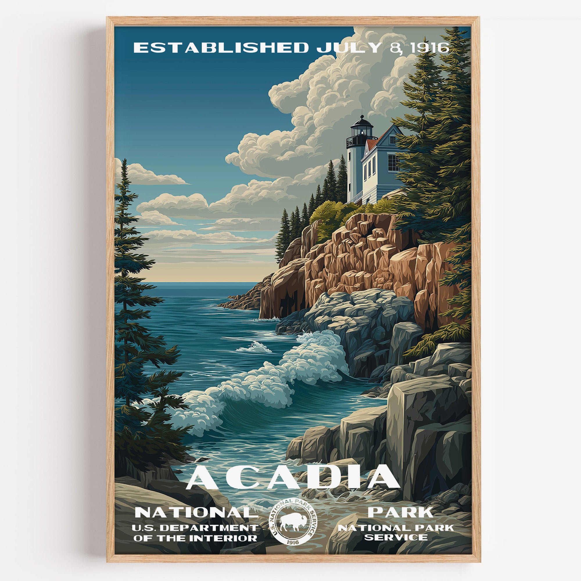 Acadia National Park vintage travel poster in a wood frame, Bass Harbor Head Light on the cliffs above a churning blue
