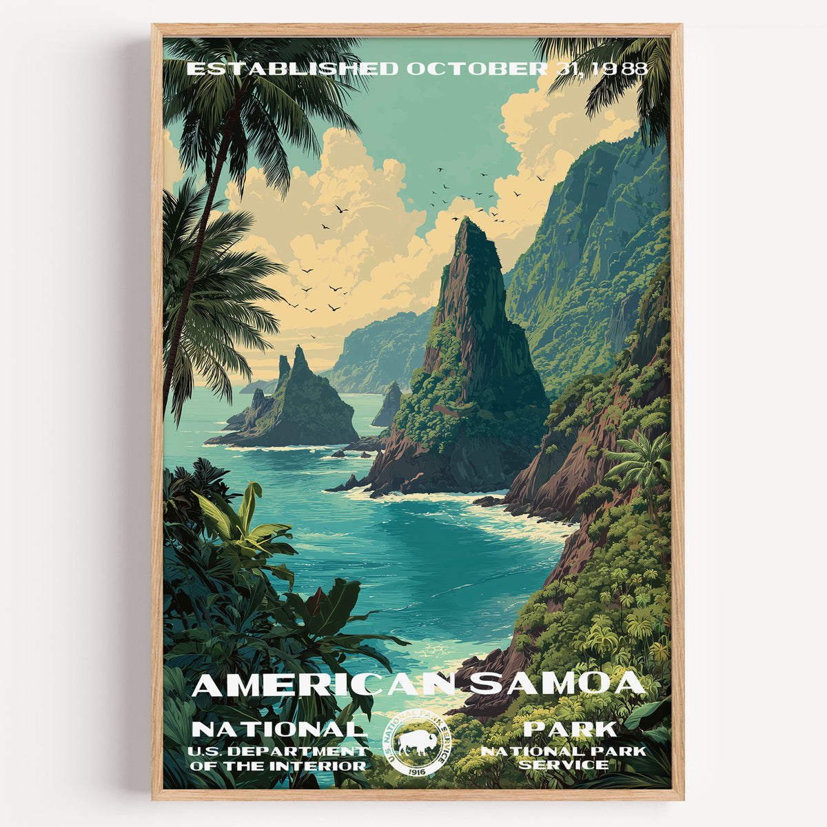 American Samoa National Park vintage travel poster in a wood frame, jagged green sea cliffs and palms above a turquoise