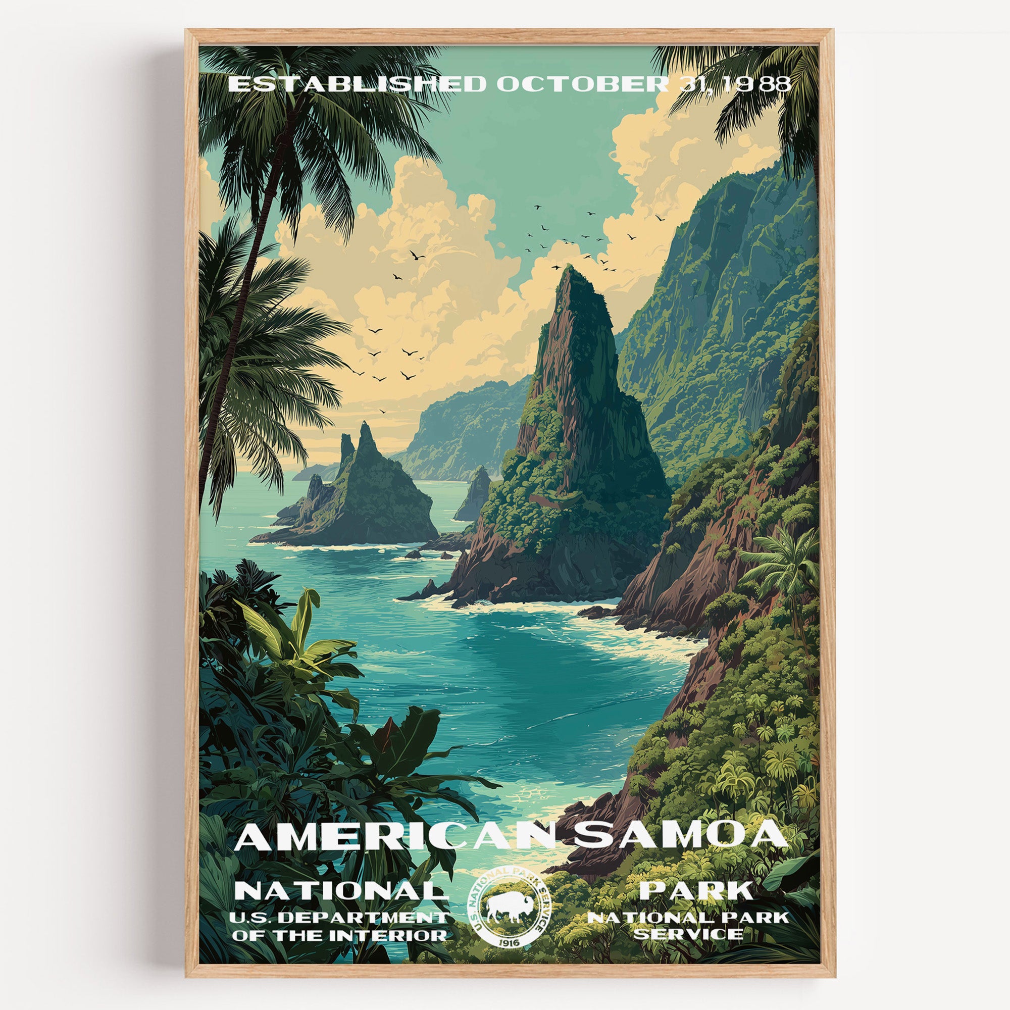 American Samoa National Park vintage travel poster in a wood frame, jagged green sea cliffs and palms above a turquoise