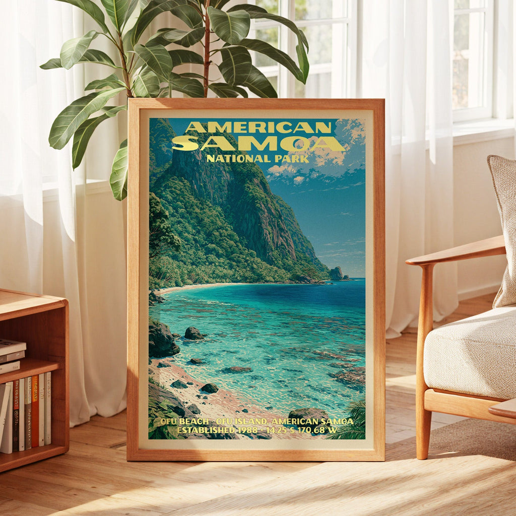 American Samoa vintage poster in oak, leaning by a sunlit window with sheer curtains and a low bookshelf