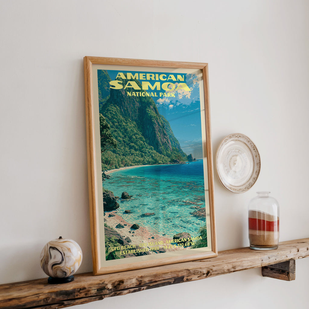American Samoa Ofu Beach print in oak, leaning on a reclaimed wood ledge with a marbled sphere and sand jar