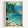 Ofu Beach American Samoa National Park vintage poster in a light oak frame on a plain white wall