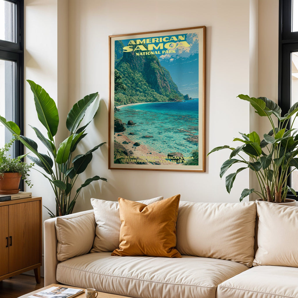 American Samoa vintage travel print in oak above a cream sofa with a rust cushion and tall houseplants