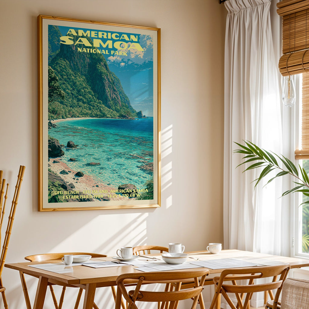 American Samoa National Park print in gold above a light oak dining table by a curtained window