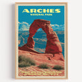 Delicate Arch Arches National Park vintage poster in a light oak frame on a plain white wall