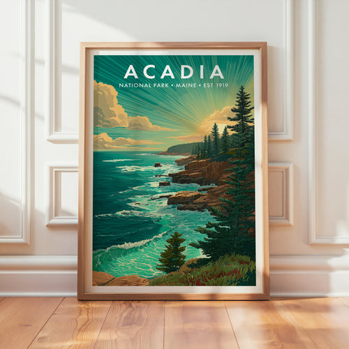 Acadia National Park mid-century modern art print in a light oak frame leaning against a panelled white wall on a warm wood floor