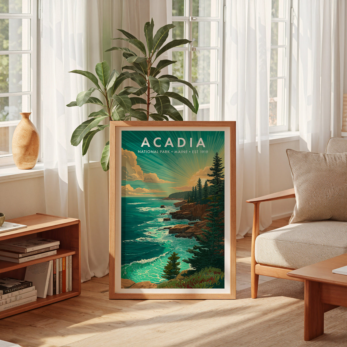 Acadia National Park mid-century modern art print framed and leaning against the wall of a sun-filled living room beside an armchair and houseplant — living room wall art