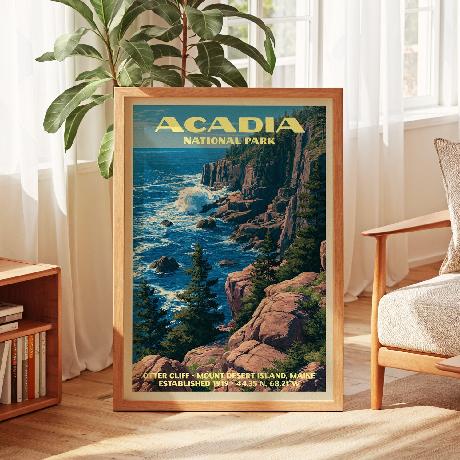 Acadia vintage poster in oak, leaning by a sunlit window with sheer curtains and a low bookshelf