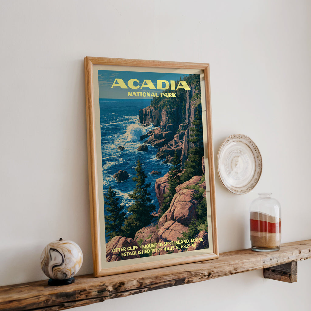 Acadia Otter Cliff print in oak, leaning on a reclaimed wood ledge with a marbled sphere and sand jar