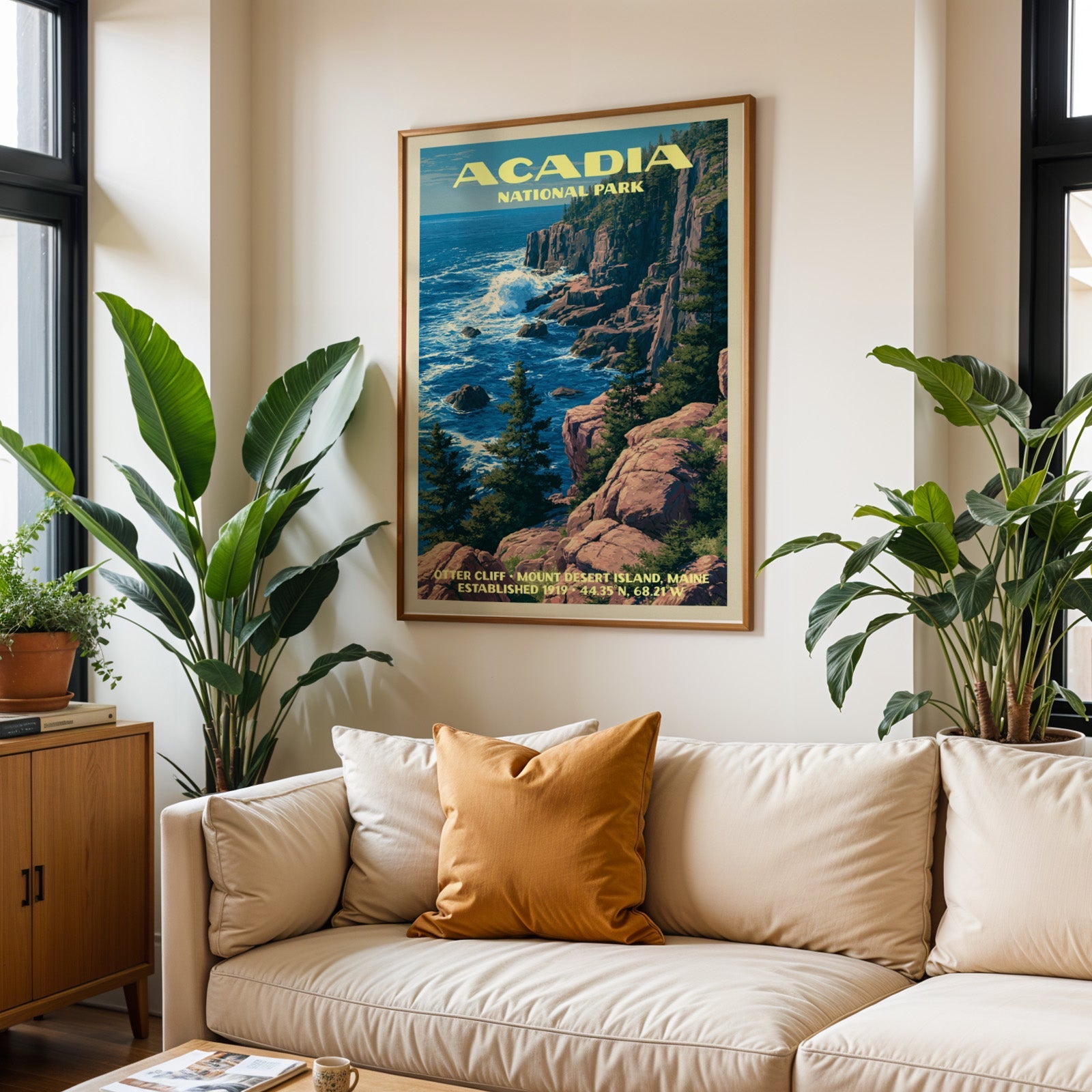 Acadia vintage travel print in oak above a cream sofa with a rust cushion and tall houseplants