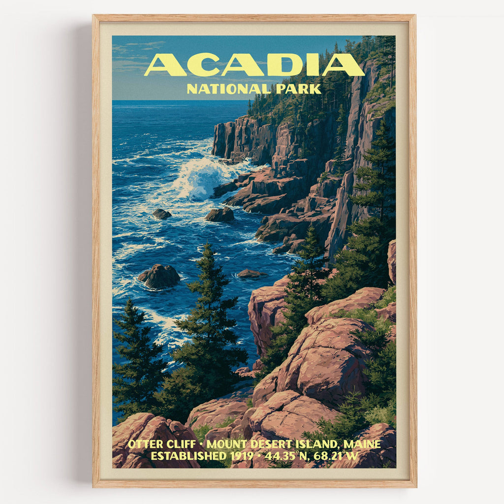 Otter Cliff Acadia National Park vintage poster in a light oak frame on a plain white wall
