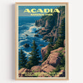Otter Cliff Acadia National Park vintage poster in a light oak frame on a plain white wall