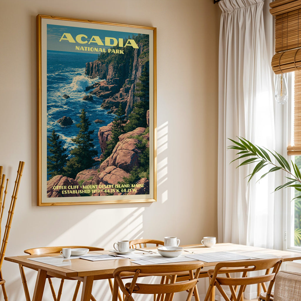 Acadia National Park print in gold above a light oak dining table by a curtained window