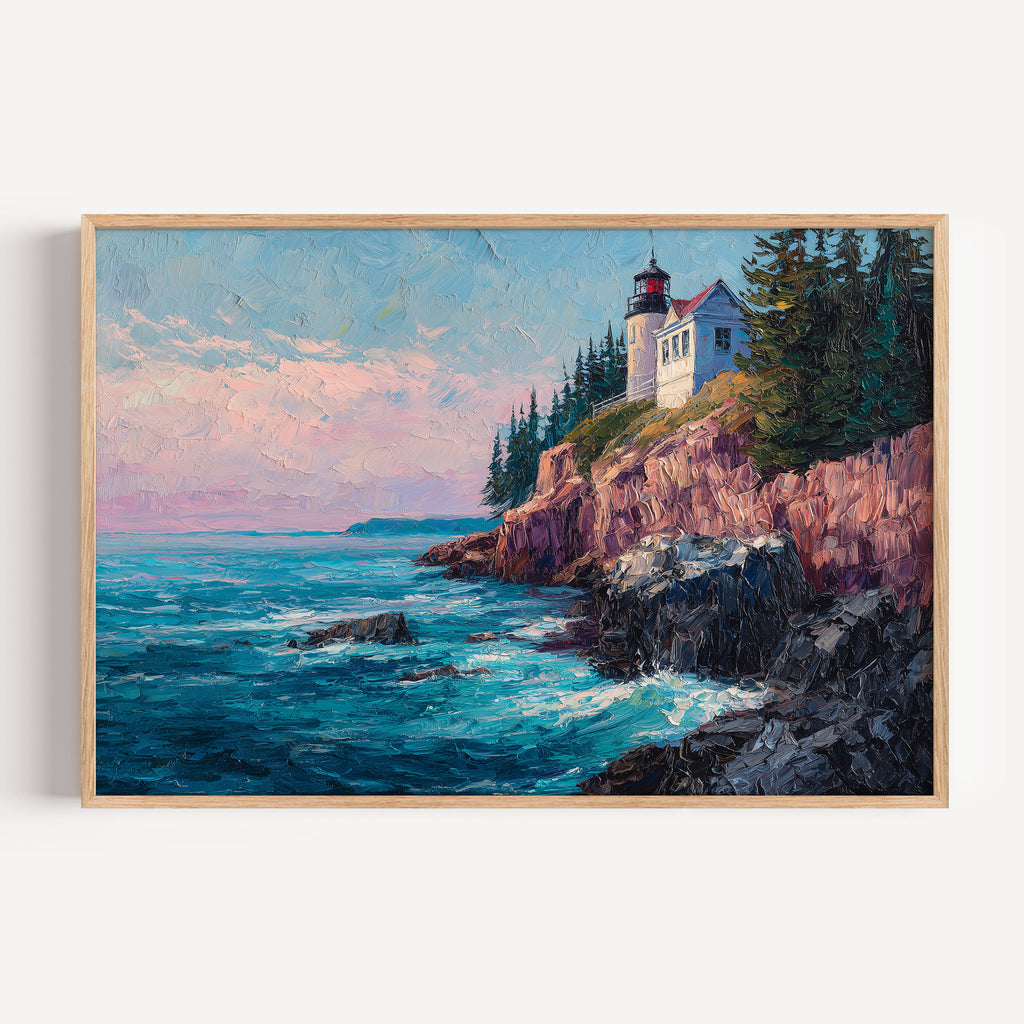 Acadia National Park oil painting print in a light oak frame: a lighthouse on pink granite cliffs above turquoise surf