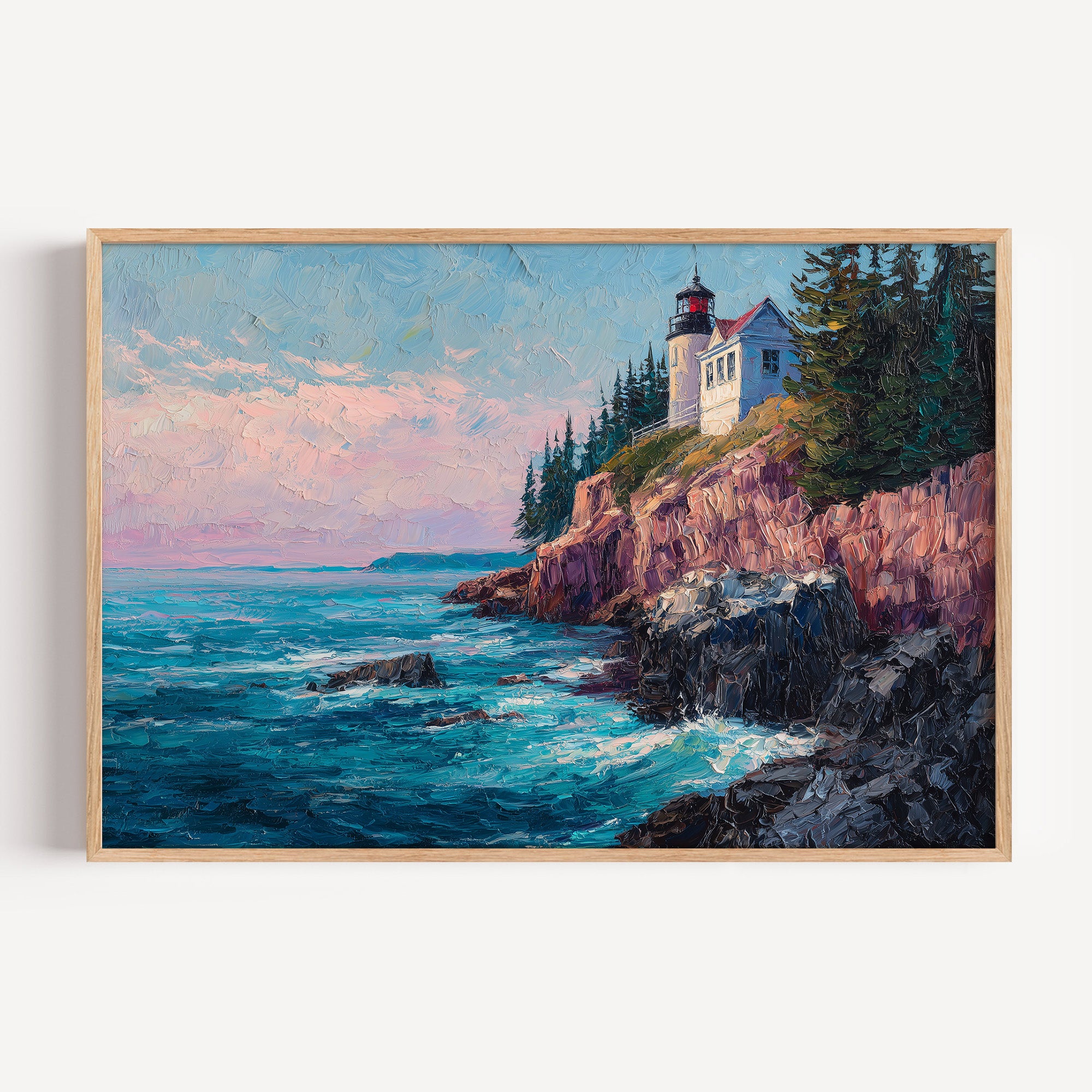 Acadia National Park oil painting print in a light oak frame: a lighthouse on pink granite cliffs above turquoise surf