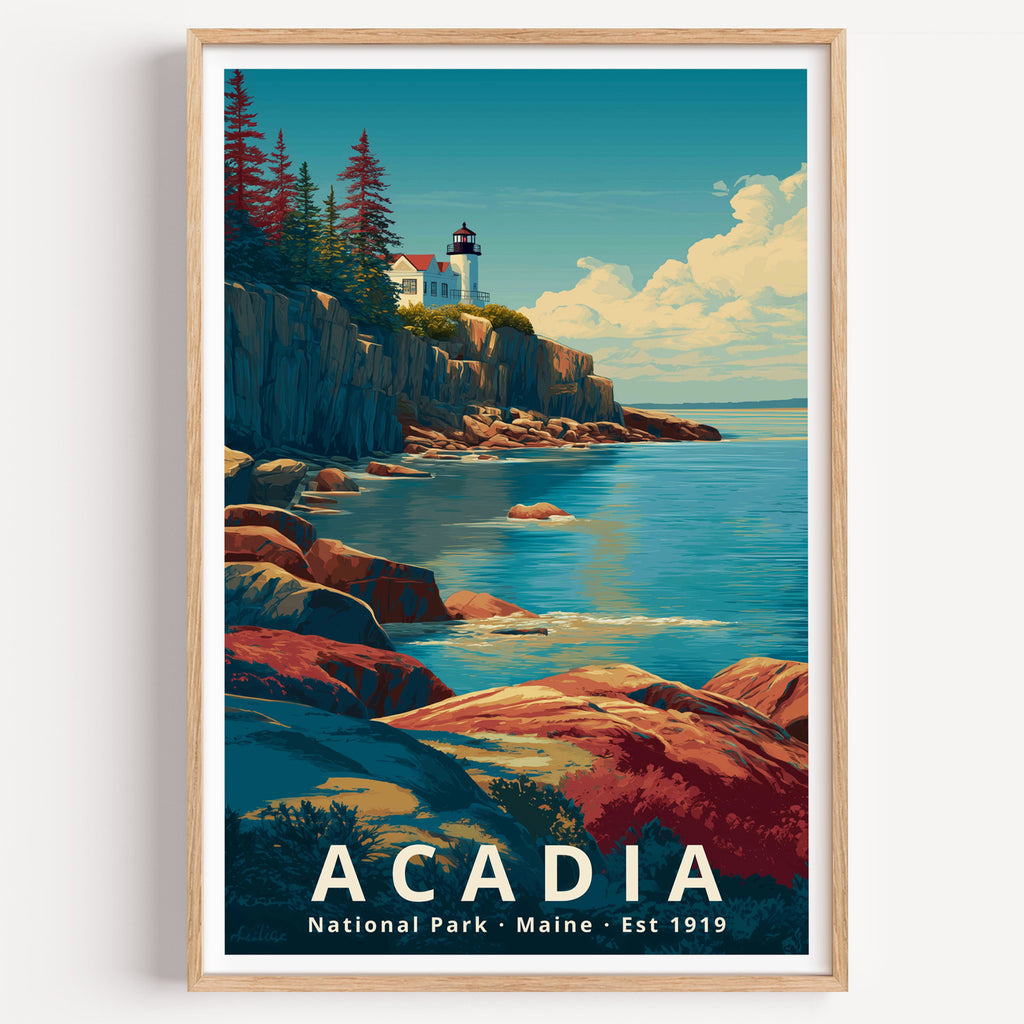 Acadia National Park retro travel poster — a clifftop lighthouse above pink granite ledges and deep blue Atlantic water, Maine