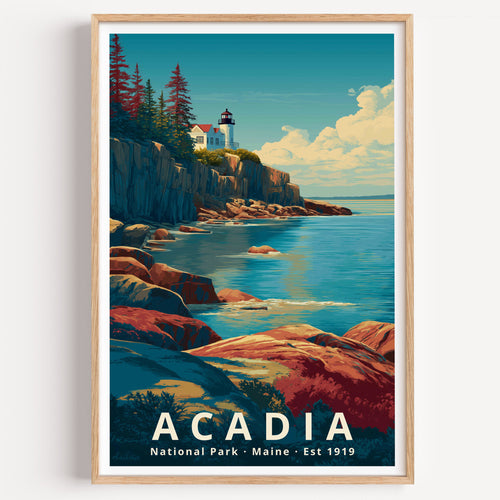 Acadia National Park retro travel poster — a clifftop lighthouse above pink granite ledges and deep blue Atlantic water, Maine