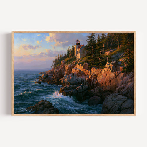 Acadia National Park classical oil painting print in a light oak frame: a lighthouse on a granite headland