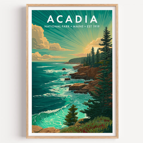 Acadia National Park mid-century modern art print — pink granite headlands dropping into surf