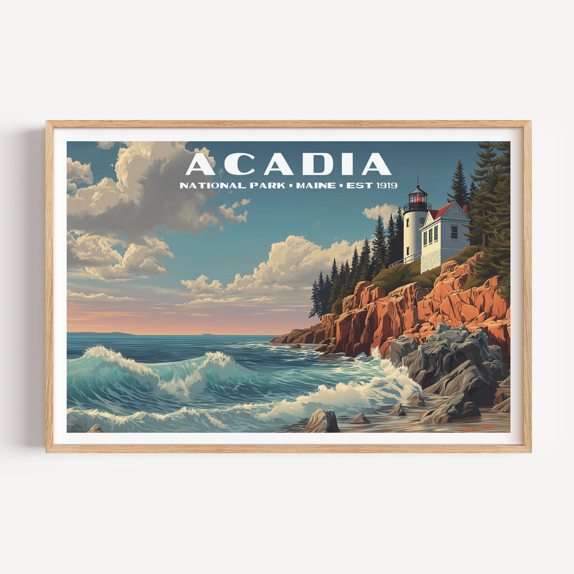 Bass Harbor Head Lighthouse on orange granite cliffs above a breaking Atlantic wave — Acadia National Park vintage WPA travel poster print