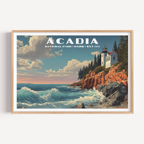 Bass Harbor Head Lighthouse on orange granite cliffs above a breaking Atlantic wave — Acadia National Park vintage WPA travel poster print