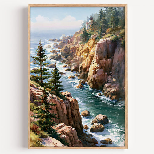 Acadia National Park watercolor art print: Bass Harbor Head Lighthouse above pink granite cliffs and breaking Atlantic surf