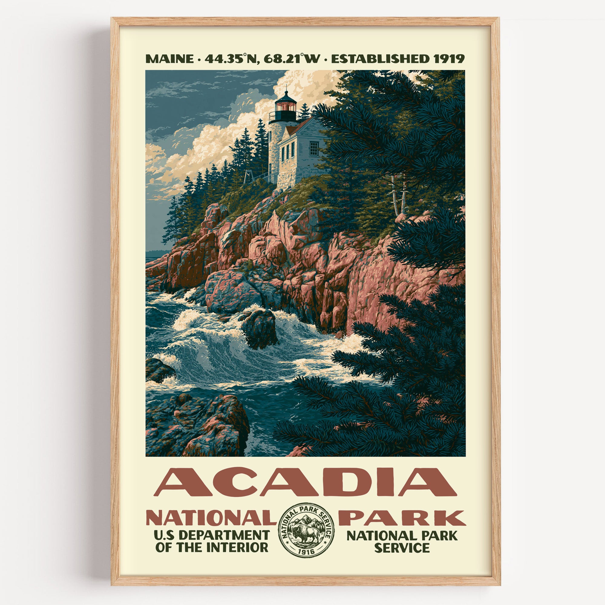 Acadia National Park vintage WPA poster in a wood frame, Bass Harbor Head Light above pink granite cliffs and Atlantic surf
