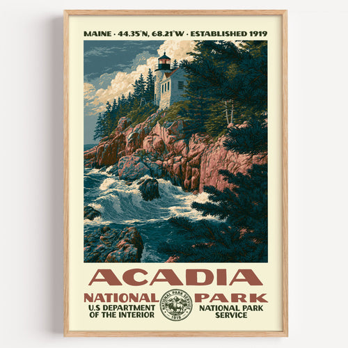 Acadia National Park vintage WPA poster in a wood frame, Bass Harbor Head Light above pink granite cliffs and Atlantic surf