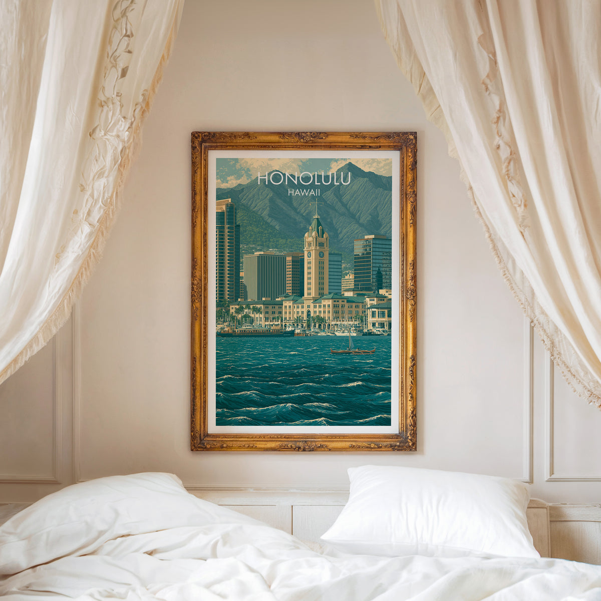 Aloha Tower canvas print in a carved gold frame over a white bed with a linen canopy