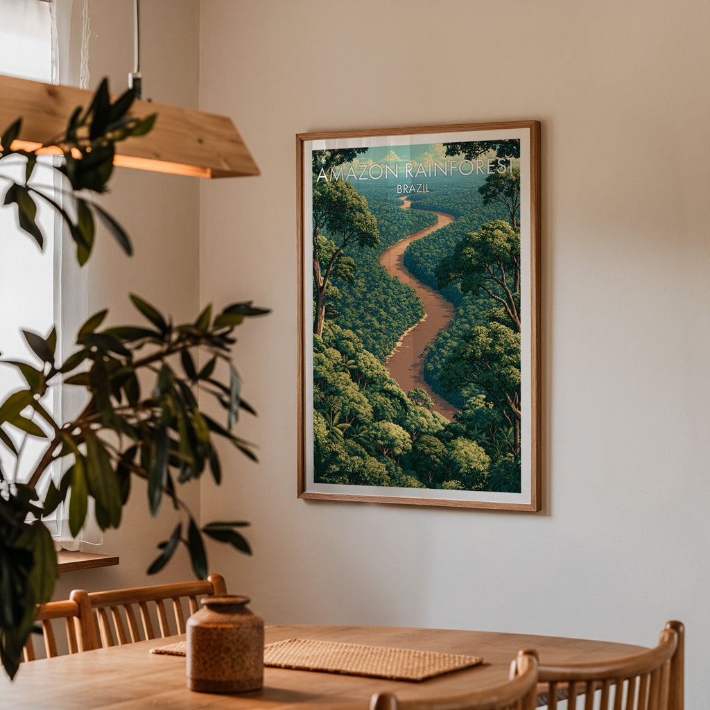 Winding river jungle print in an oak frame in a dining corner with wood table, cane chairs and olive sprig