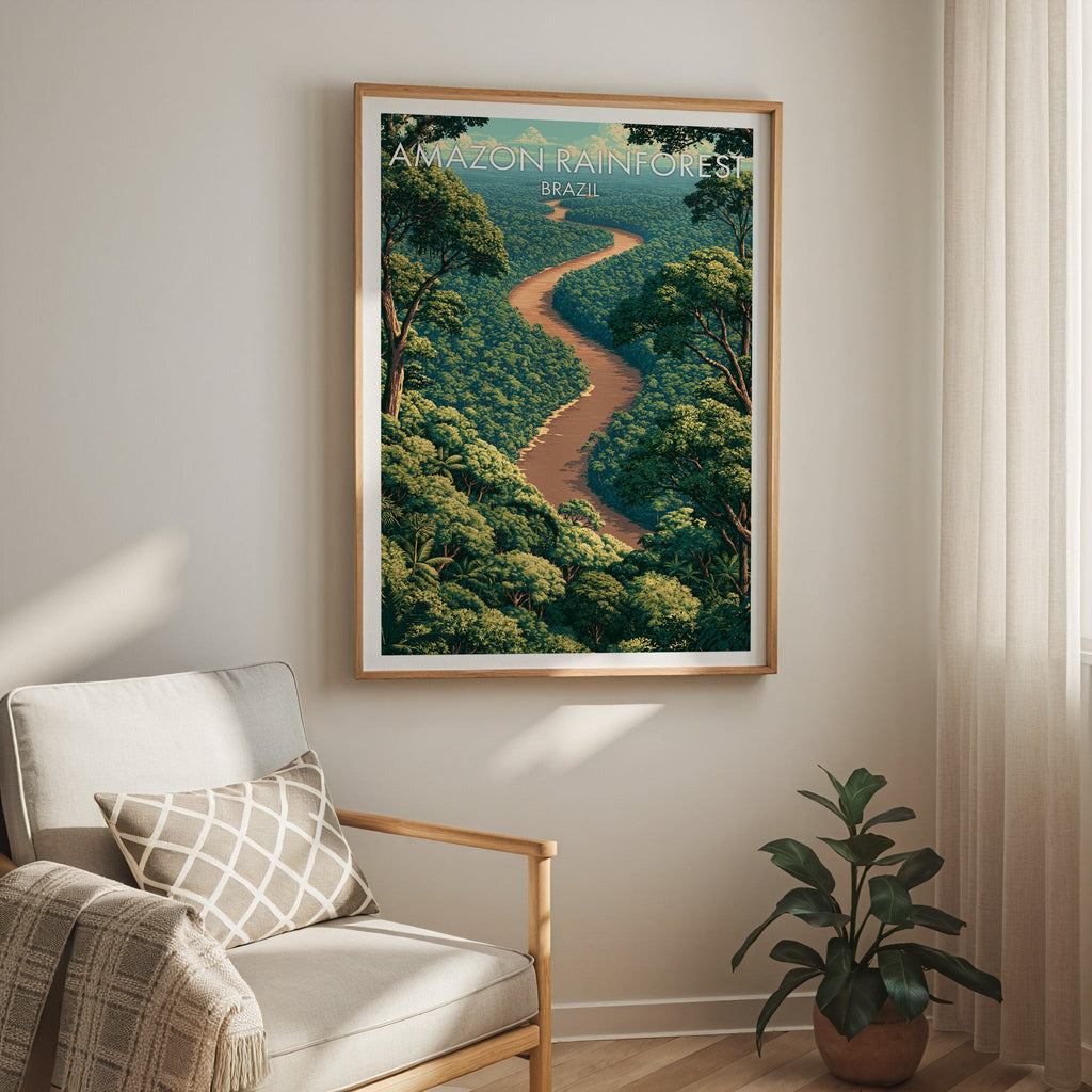 Amazon Rainforest print in an oak frame over a cream armchair with check cushion, sheer curtains and fig