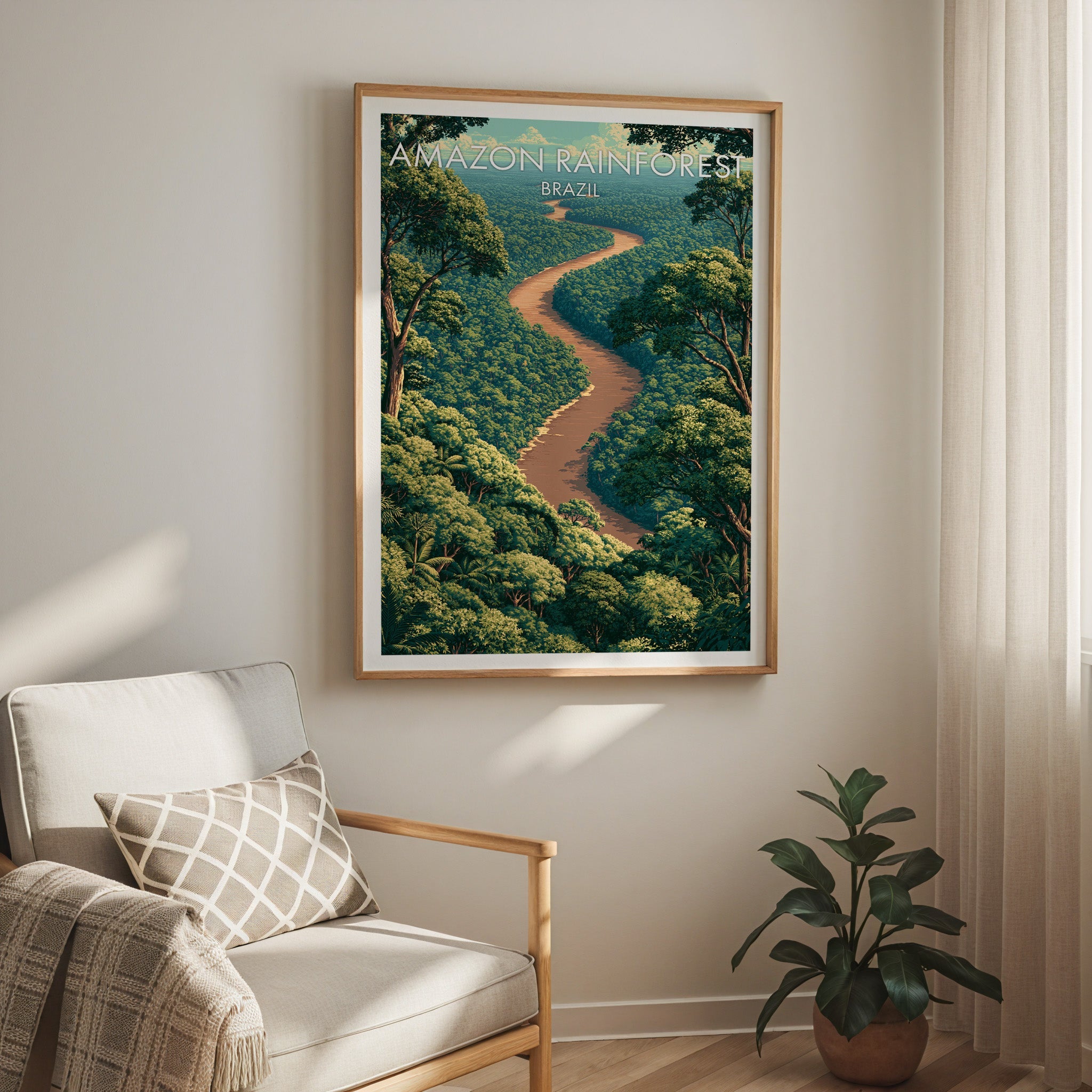 Amazon Rainforest print in an oak frame over a cream armchair with check cushion, sheer curtains and fig