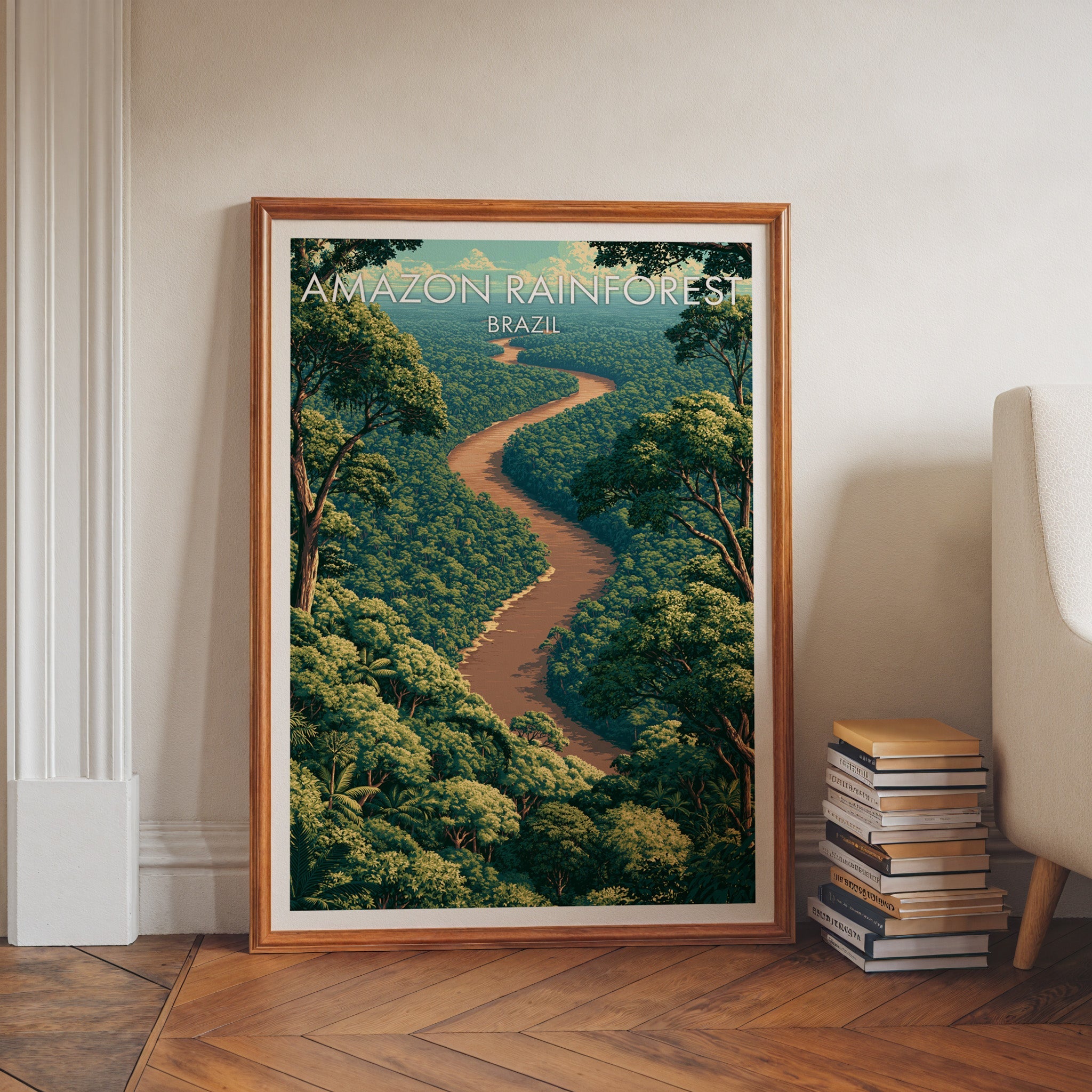Tropical canopy travel print in a walnut frame on herringbone floor by white moulding and stacked books
