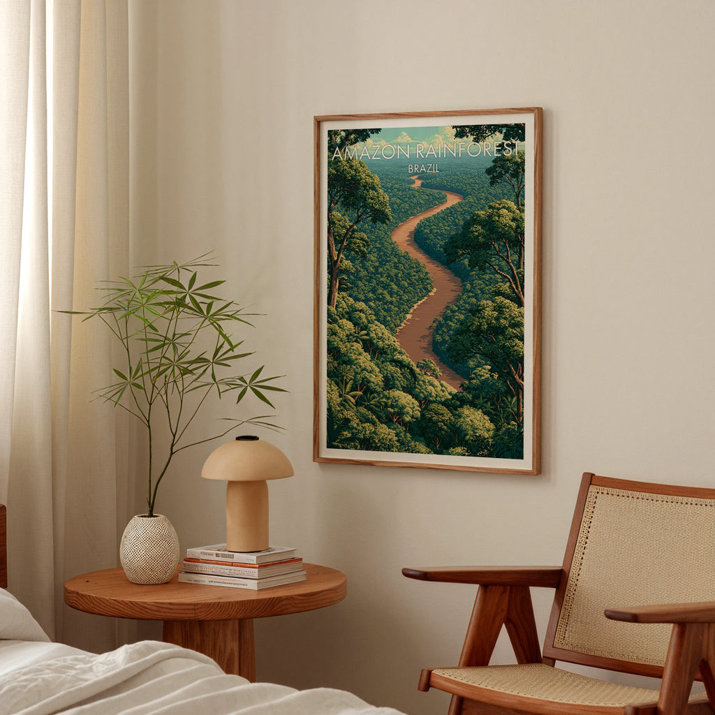 Green rainforest poster in a walnut frame in a bedroom above a round nightstand with a mushroom lamp