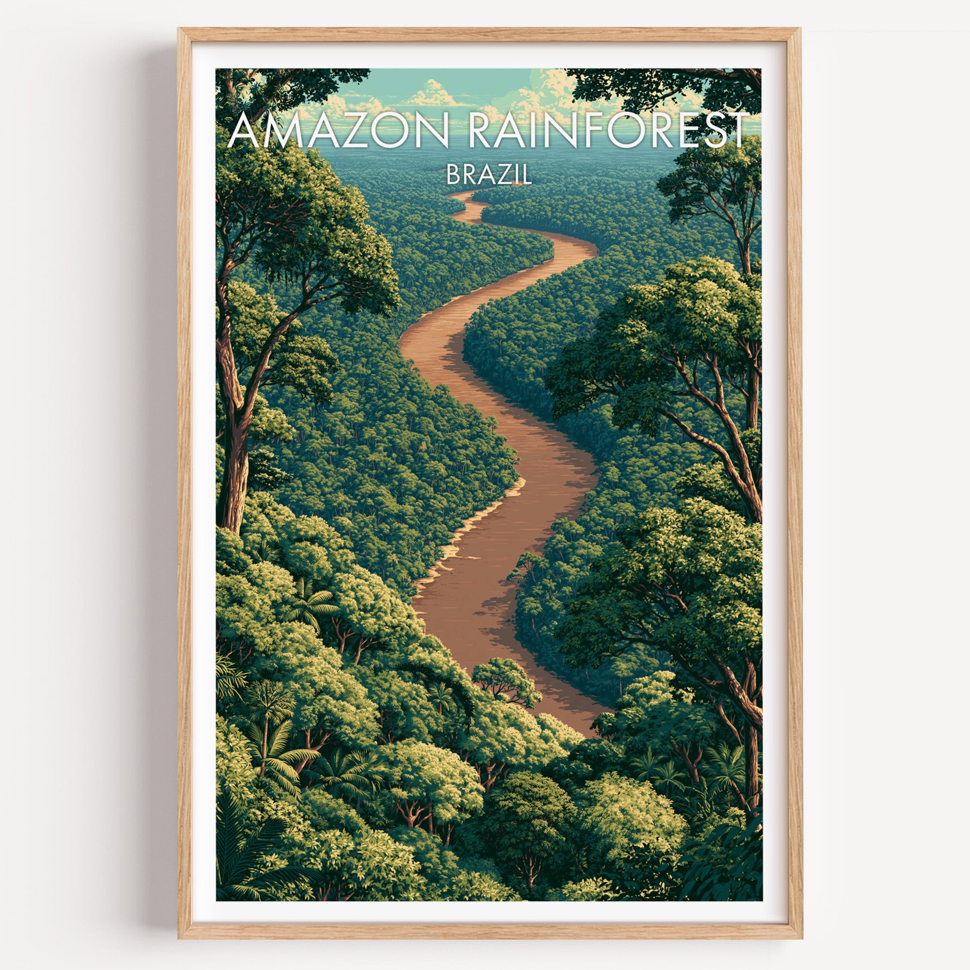 Amazon Rainforest travel poster in a light oak frame on a plain white wall