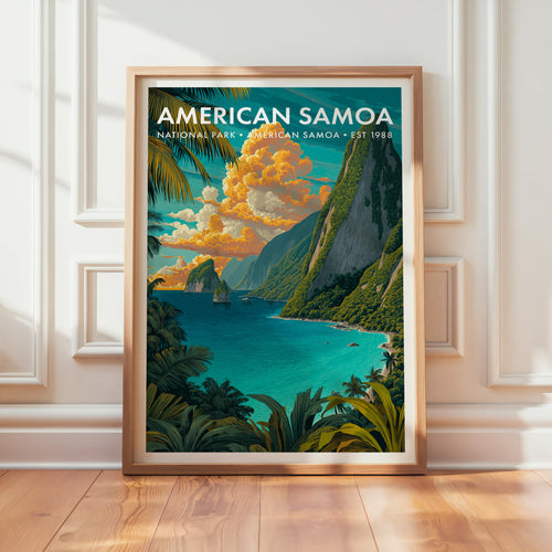 American Samoa National Park mid-century modern art print in a light oak frame leaning against a panelled white wall on a warm wood floor