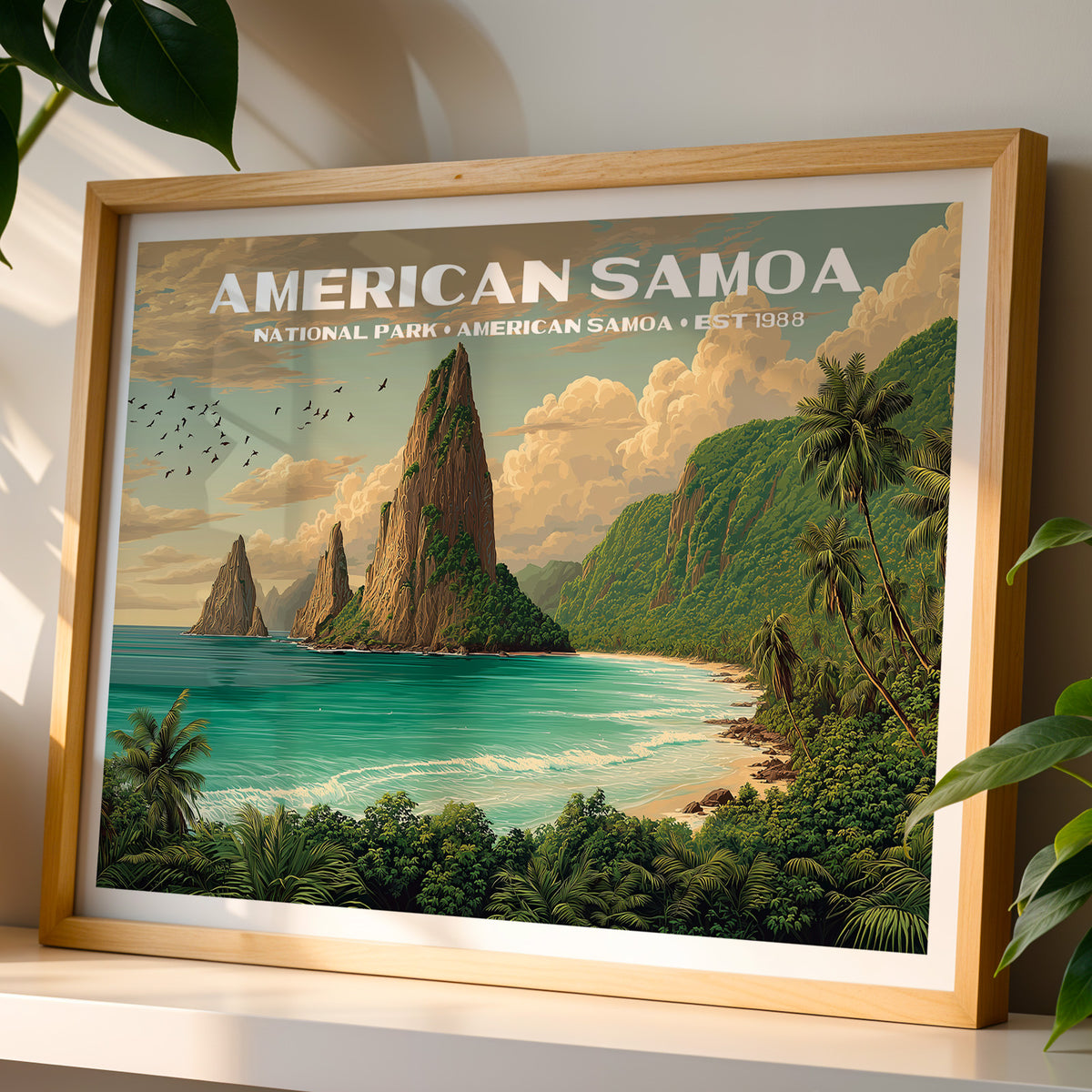 American Samoa National Park wall art print in a light oak frame, leaning on a white shelf in warm sunlight beside a monstera plant