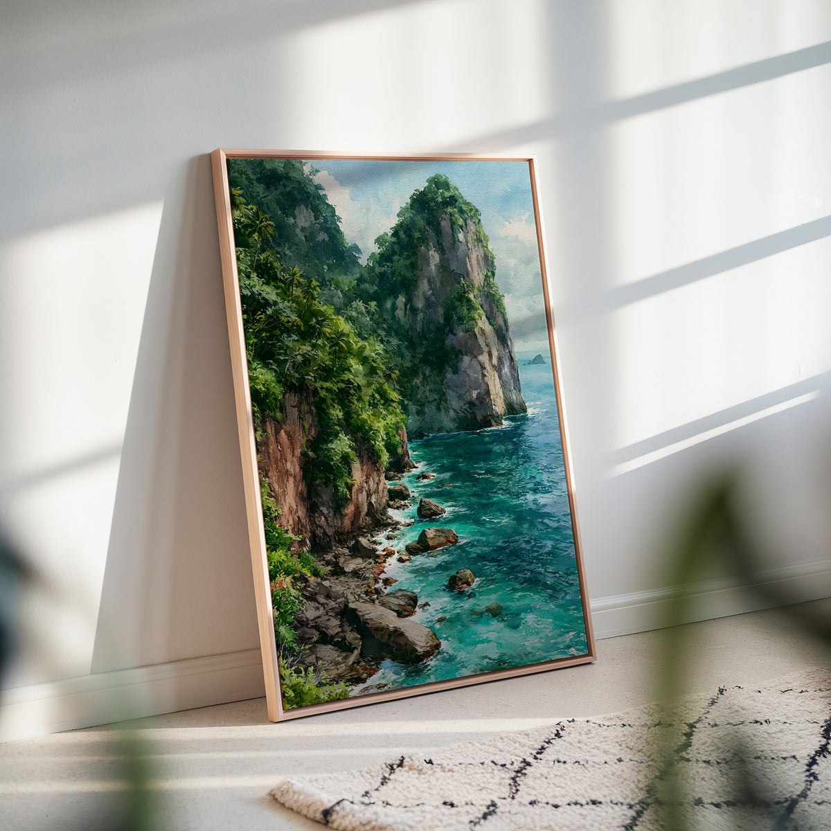 American Samoa National Park watercolor framed canvas leaning against a white wall in soft afternoon window light