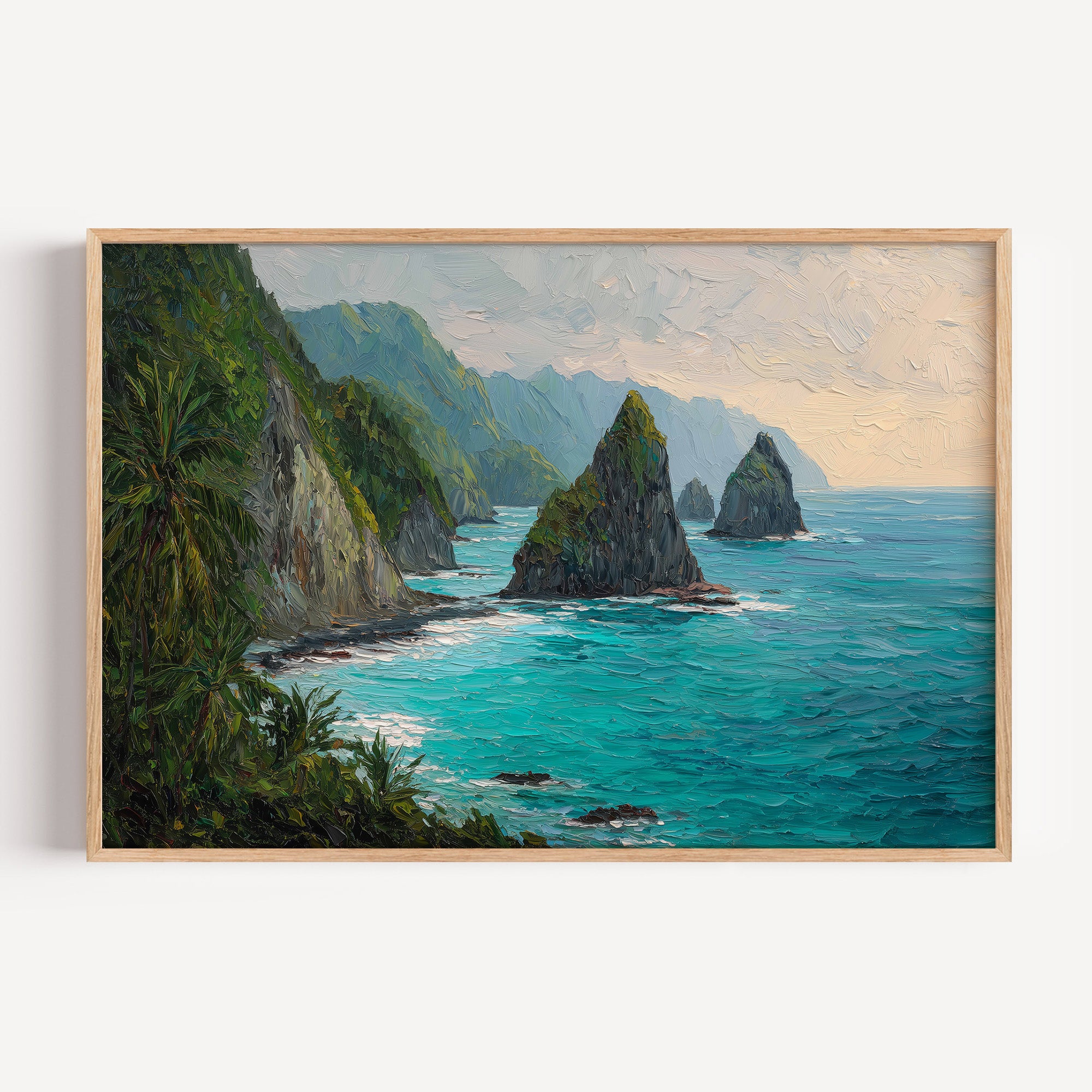 American Samoa National Park oil painting print in a light oak frame: jungle sea cliffs in turquoise water
