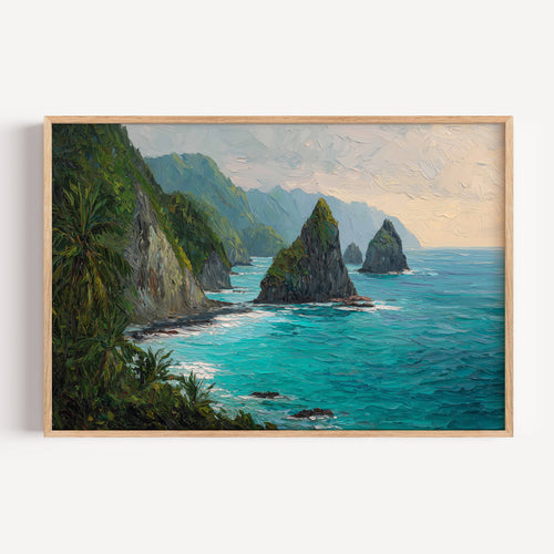 American Samoa National Park oil painting print in a light oak frame: jungle sea cliffs in turquoise water