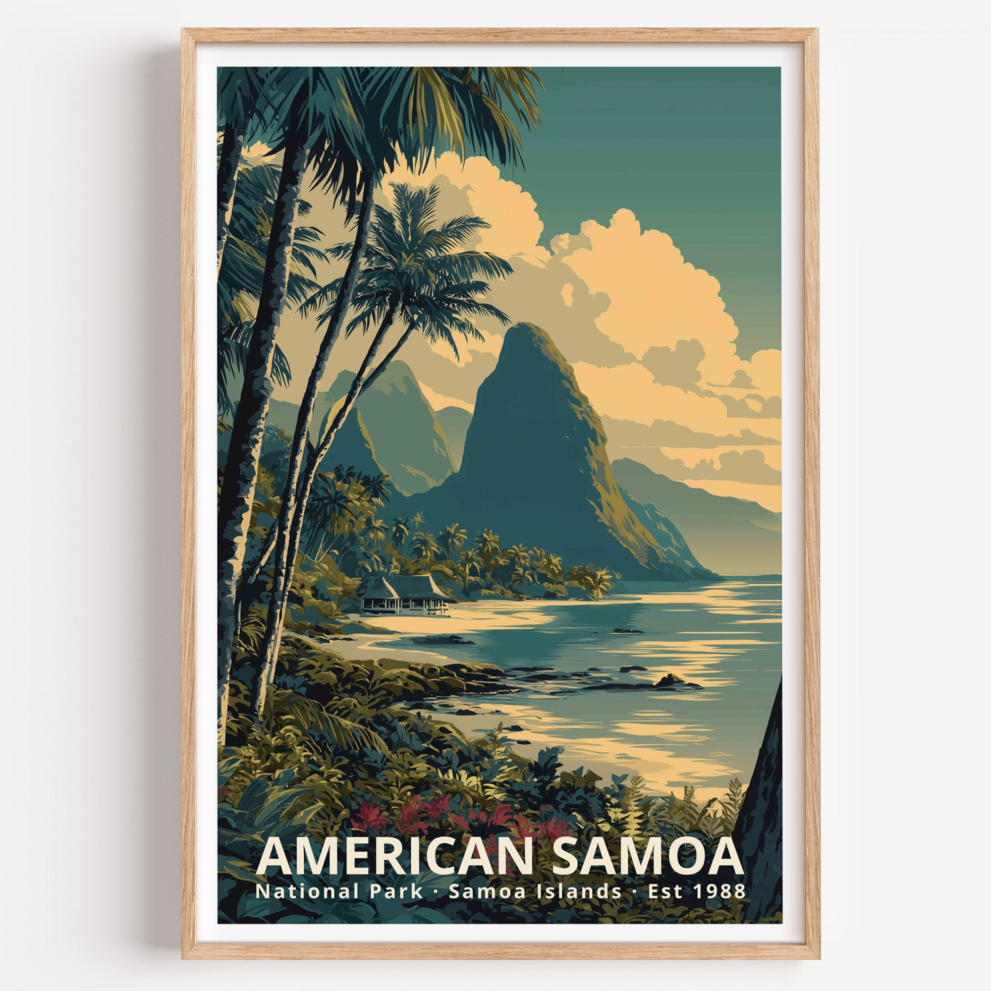 American Samoa National Park retro travel poster — palm trees framing a volcanic peak above a calm South Pacific bay, American Samoa