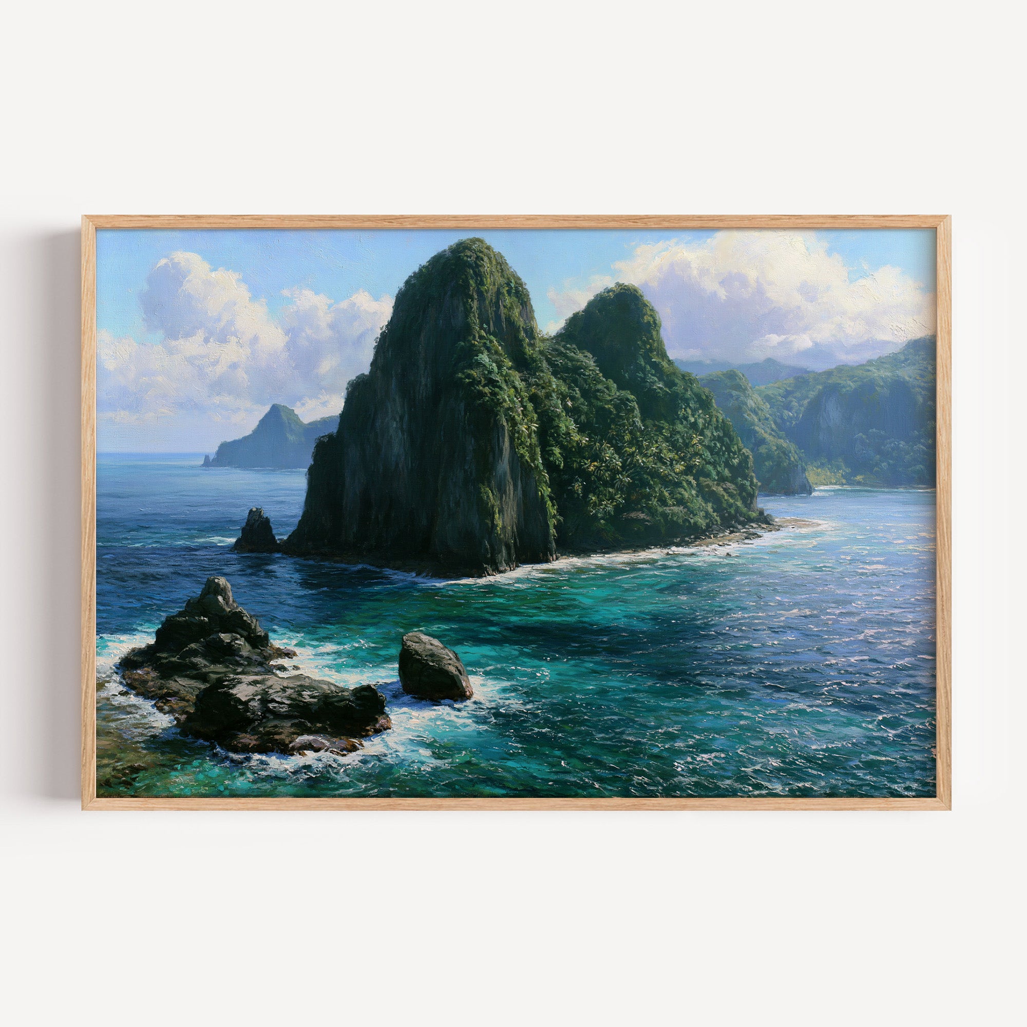 American Samoa classical oil painting print in a light oak frame: jungle sea cliffs above a turquoise reef