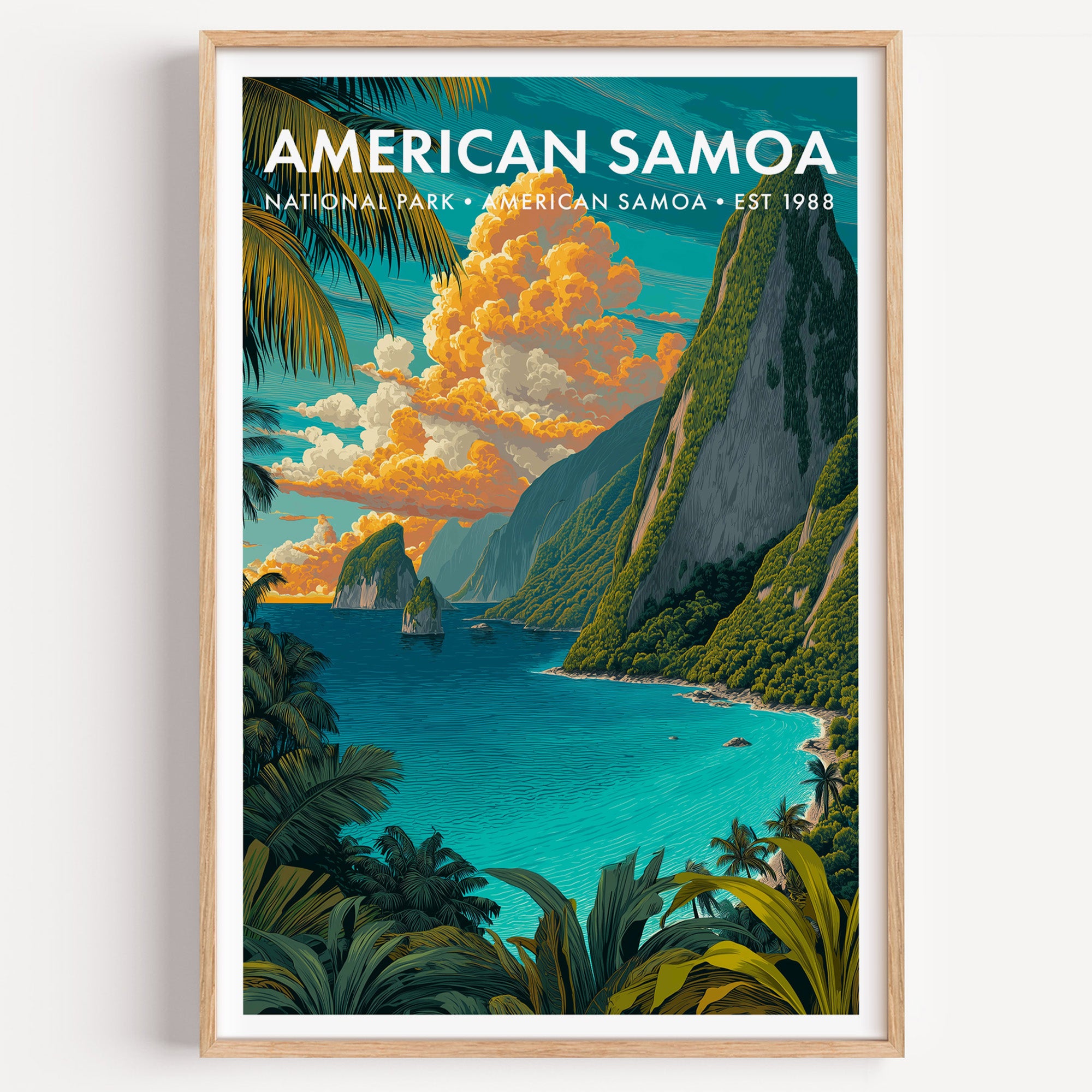 American Samoa National Park mid-century modern art print — a knife-edge volcanic ridge plunging into a turquoise bay